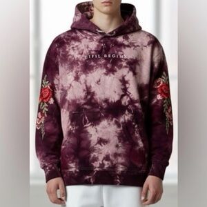 CIVIL REGIME embroidered rose sleeve and hood pullover hoodie marble tie dye